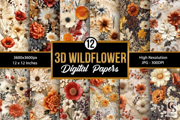 3d Boho Wildflowers Digital Papers for Creative Projects