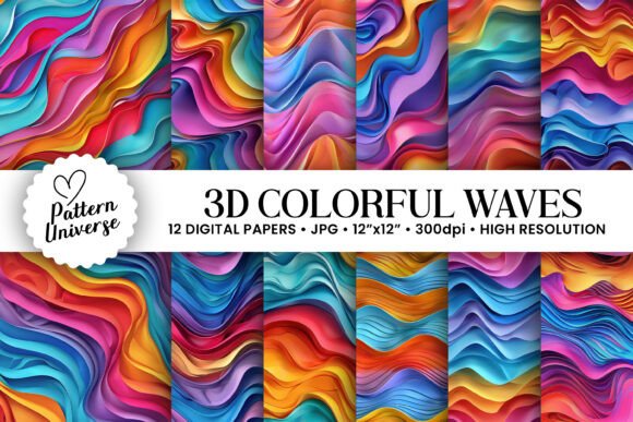 Colorful 3D Waves Digital Papers for Creatives
