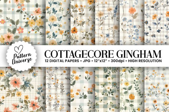 Cottagecore Floral Gingham Digital Paper
