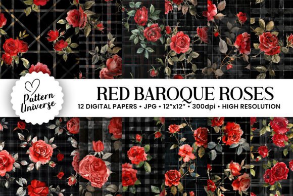 Unlock Creativity with Red Baroque Roses Digital Papers and Black Plaid Patterns